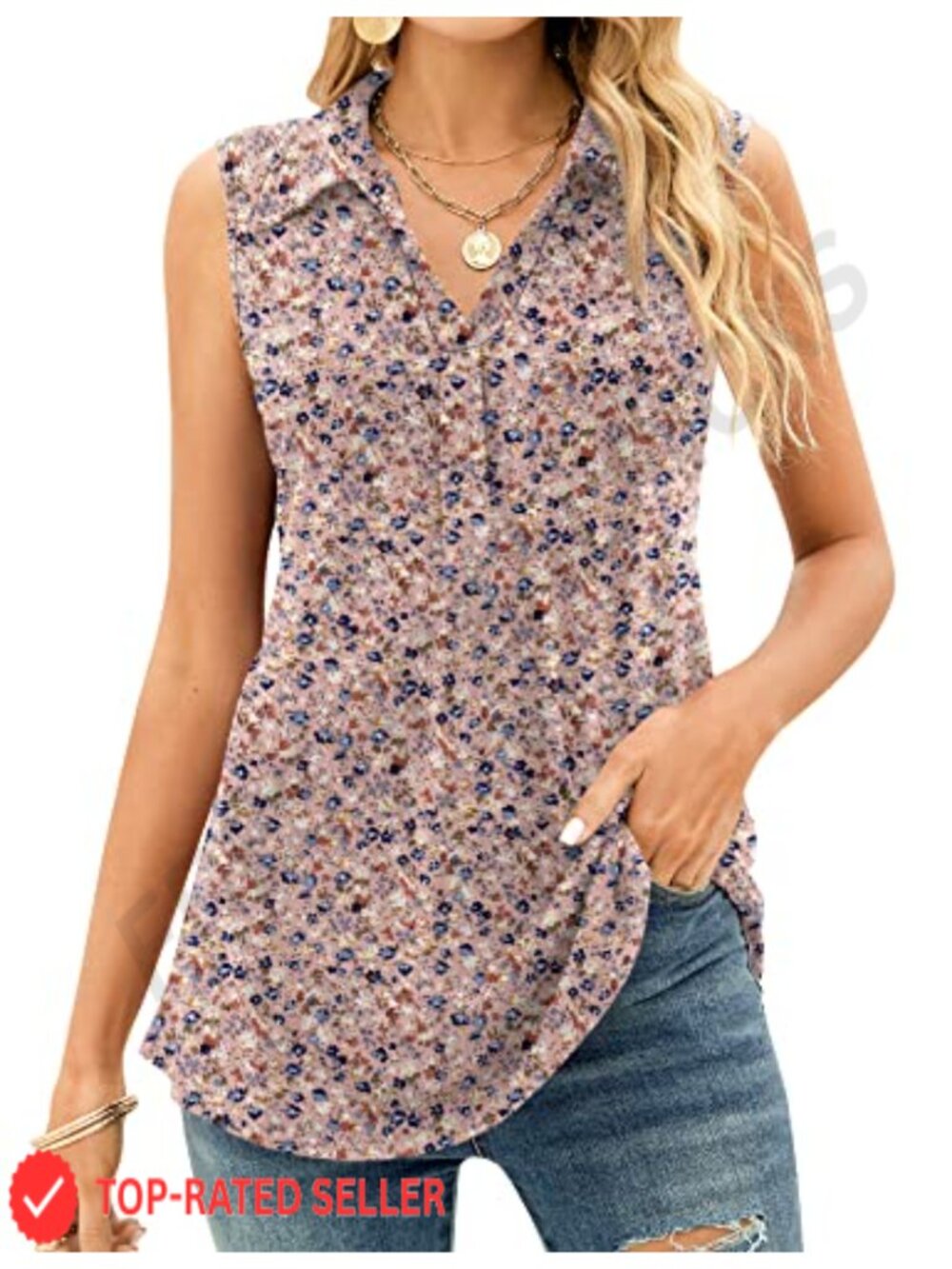 Sleeveless V Neck Tank Top Loose Fit Polo Shirt Summer Casual Women